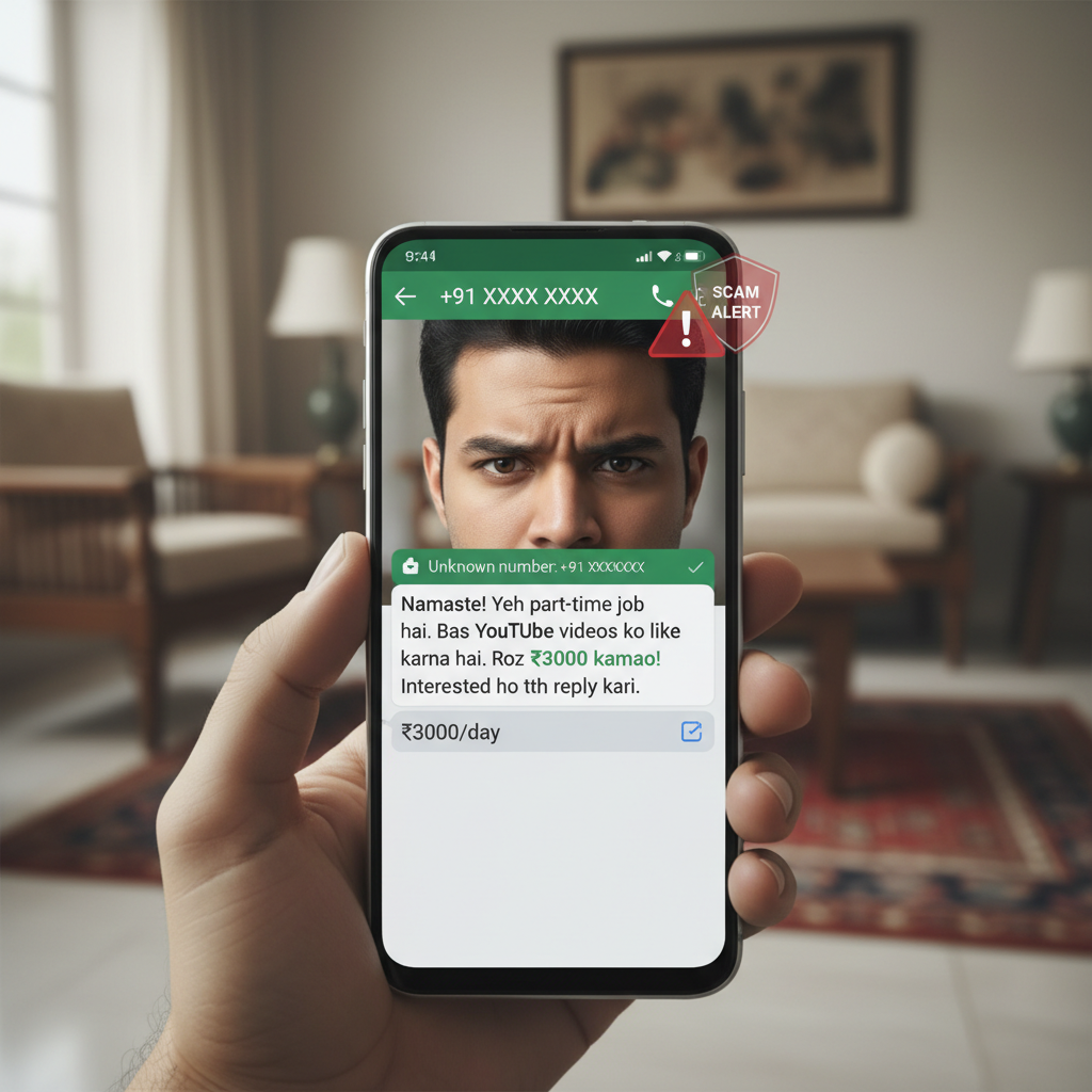 WhatsApp message "part-time job liking YouTube videos ₹3000/day" — is it real, what to do?